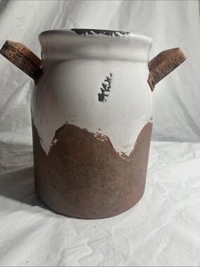 Two-Tone White and Brown Rustic Ceramic Accent Vase with Iron Handles